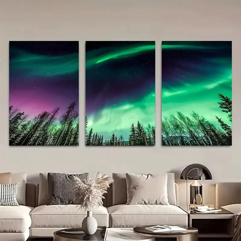 3pcs Dramatic Night Sky with Pine Trees Metal Print Ready to Hang Art - Bella Home Decor