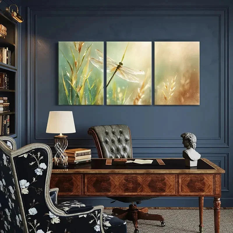 3pcs Dragonfly Delicate Wings Soft Grasses Metal Print Ready to Hang Art - Bella Home Decor