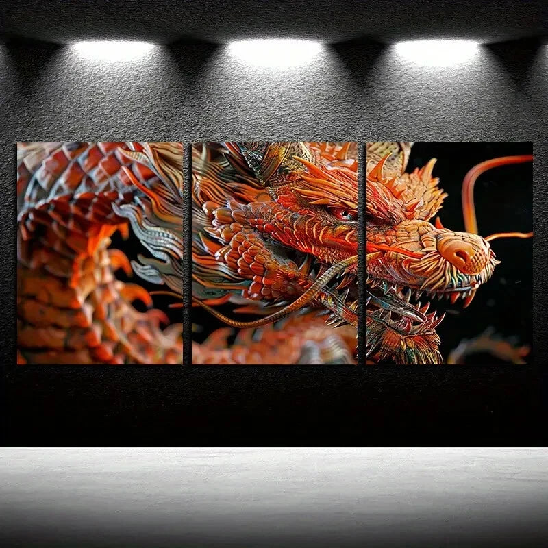 3pcs Flame Dragon Modern Design Metal Print Ready to Hang Art - Bella Home Decor