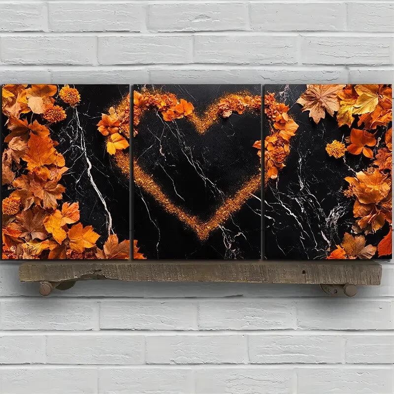 3pcs Love Made of Leaves Black & Golden Metal Print Ready to Hang Art - Bella Home Decor