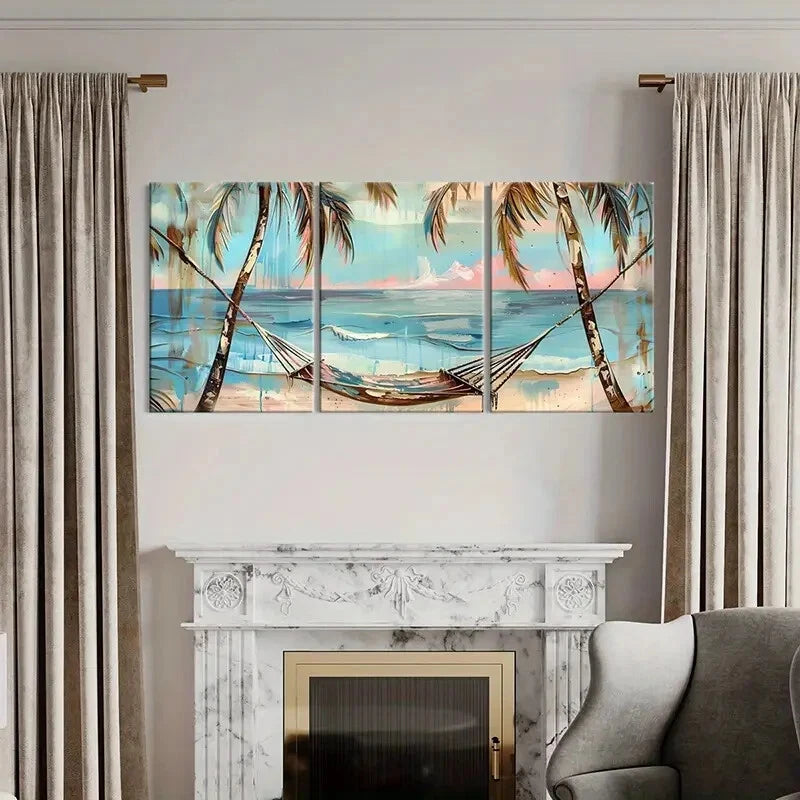 3pcs Palm Trees Hammock Ocean View Sunset Metal Print Ready to Hang Art - Bella Home Decor