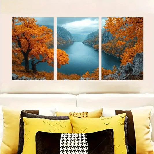 3pcs Danube River Autumn Foliage & Golden Trees Wall Art Set Canvas Framed 60x90cm - High Quality Print 100% Australian Made Wall Canvas Ready to Hang