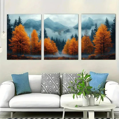 3pcs Autumn Mountain Landscape Misty Perfect Wall Art Set Canvas Unframed - High Quality Print 100% Australian Made Wall Canvas - Bella Home Decor