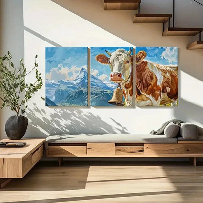 3pcs Brown & White Cow with Bell Mountain LandscapeMetal Print Ready to Hang Art - Bella Home Decor