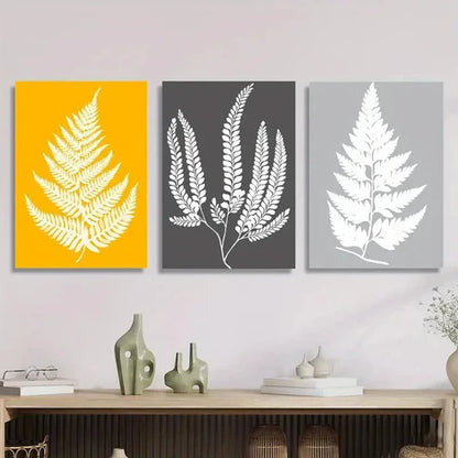 3pcs Mustard Yellow And Grey Leaves Print Wall Art Canvas Unframed - High Quality Print 100% Australian Made Wall Canvas