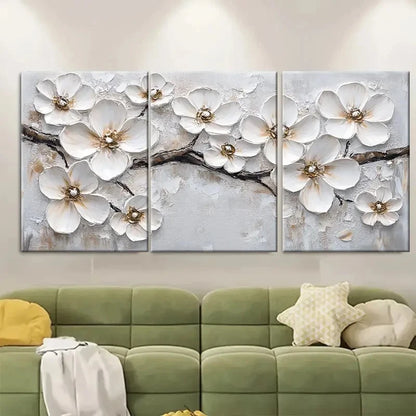 3pcs White Blossom Painting Flowers EI  Wall Art Set Canvas Framed 50x70cm - High Quality Print 100% Australian Made Wall Canvas Ready to Hang