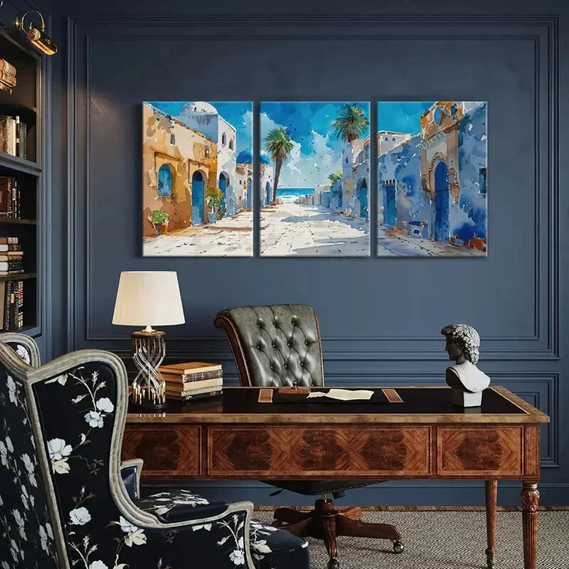 3pcs Palm Trees Coastal Buildings Mediterranean Metal Print Ready to Hang Art - Bella Home Decor