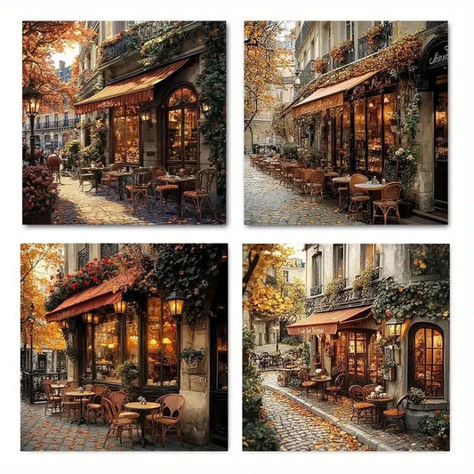 4pcs Autumnal Street CafWall Art Canvas Framed