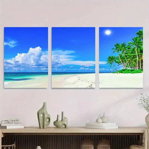 3pcs Palm Trees & Sandy Shoreline Beach Paradise Wall Art Set Canvas Unframed - High Quality Print 100% Australian Made Wall Canvas