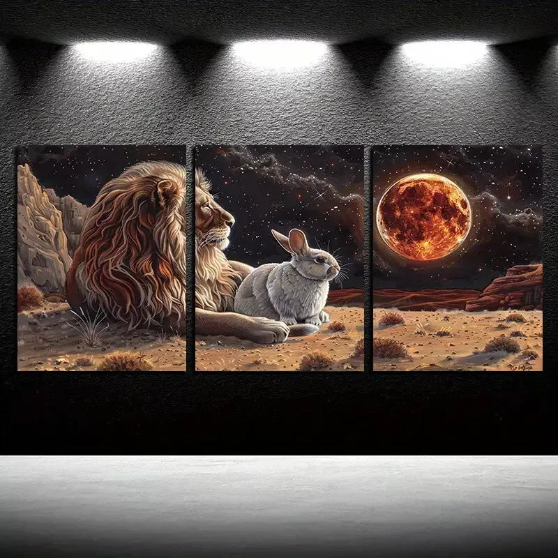 3pcs Lion And Rabbit Watching The Fire Colored Moon Wall Art Set Canvas Framed 50x70cm - High Quality Print 100% Australian Made Wall Canvas Ready to Hang