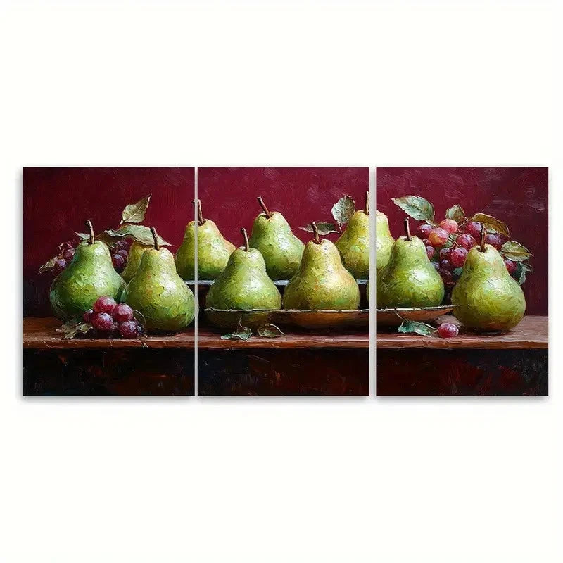 3pcs Life of Green Pears on a Maroon Background Wall Art Set Canvas Framed 50x70cm - High Quality Print 100% Australian Made Wall Canvas Ready to Hang - Bella Home Decor