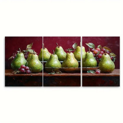3pcs Life of Green Pears on a Maroon Background Wall Art Set Canvas Framed 50x70cm - High Quality Print 100% Australian Made Wall Canvas Ready to Hang - Bella Home Decor