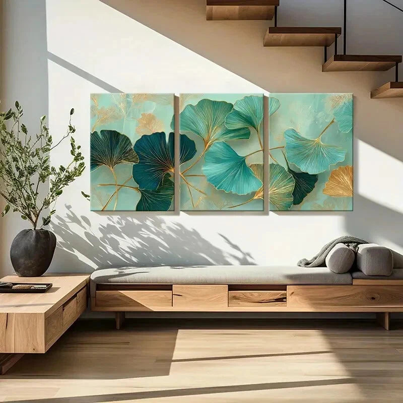 3pcs Ginkgo Leaves Elegant Teal Golden Accents Metal Print Ready to Hang Art - Bella Home Decor