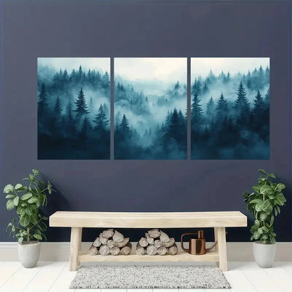 3pcs Featuring Pine Trees and Soft Fog Poster Metal Print Ready to Hang Art - Bella Home Decor