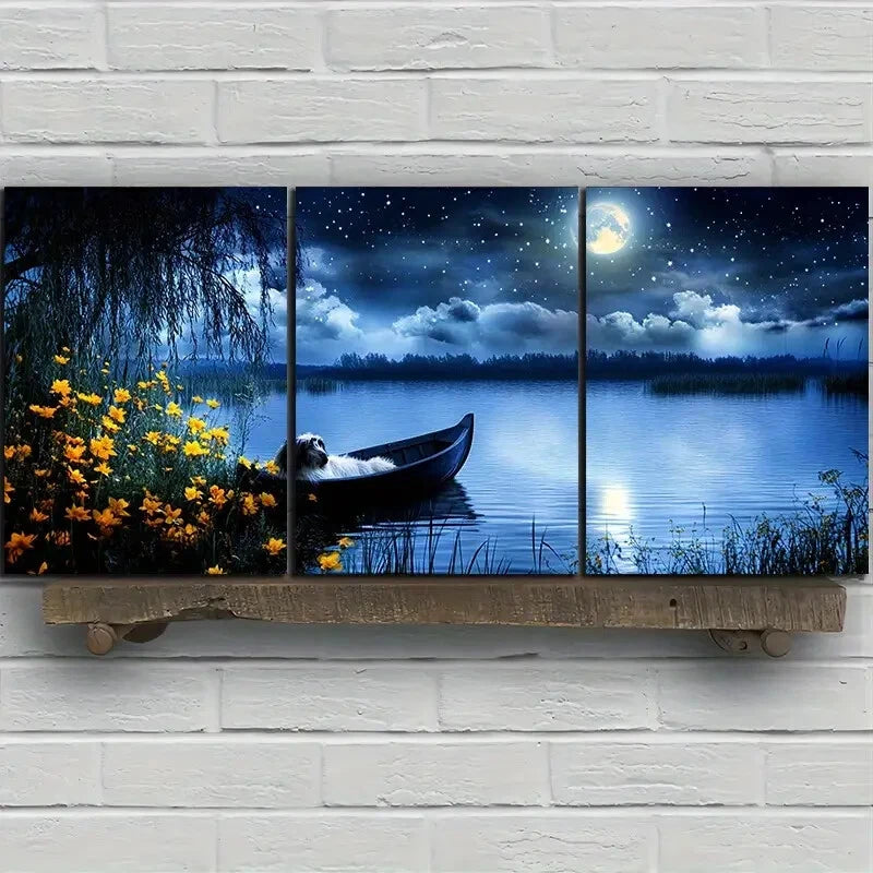 3pcs The Dog Sleeping on The Small Boat Metal Print Ready to Hang Art - Bella Home Decor