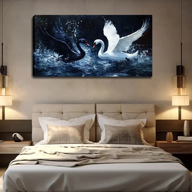 Featuring Black And White Swans Wall Art Canvas Office Home Room Framed 120x60cm - Bella Home Decor