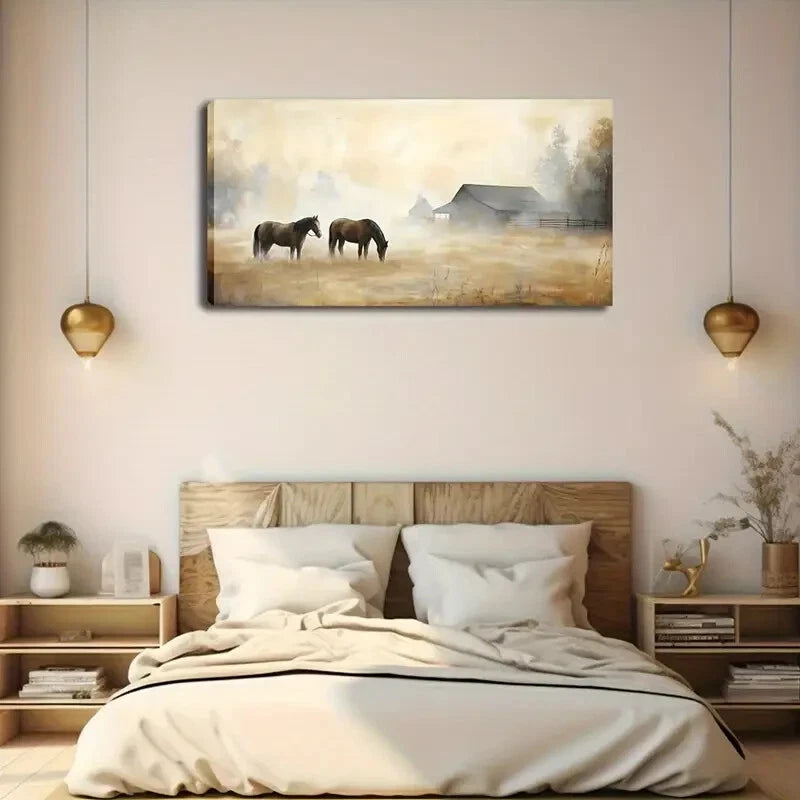 Lone Cattle in Foggy Meadow Wall Art Canvas Office Home Room Framed 120x60cm - Bella Home Decor