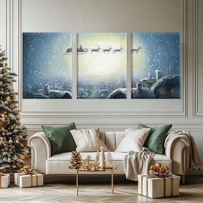 3pcs Christmas Santa Claus and Reindeer Sleigh Metal Print Ready to Hang Art - Bella Home Decor
