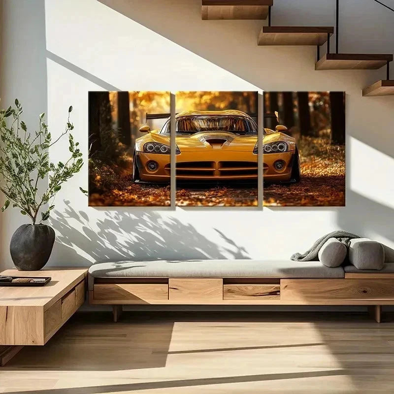 3pcs Yellow Sports Car Art Painting Wall Art Set Canvas Framed 50x70cm - High Quality Print 100% Australian Made Wall Canvas Ready to Hang