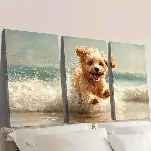 3pcs Dog on Beach Painting Wall Art Set Canvas Unframed - High Quality Print 100% Australian Made Wall Canvas