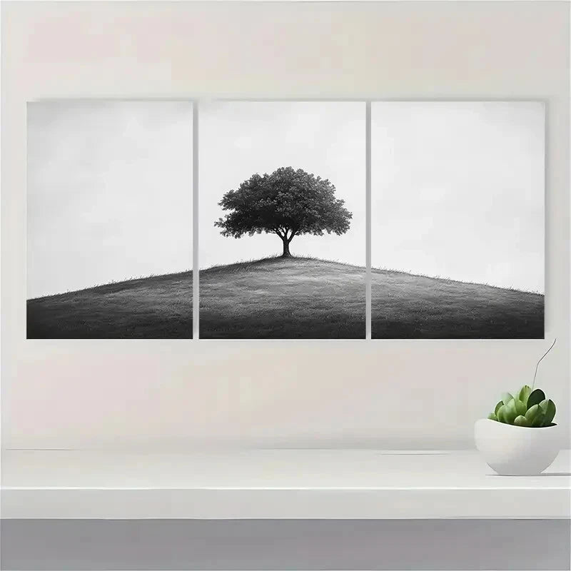 3pcs Black and White Sketch Tree Landscape Metal Print Ready to Hang Art - Bella Home Decor