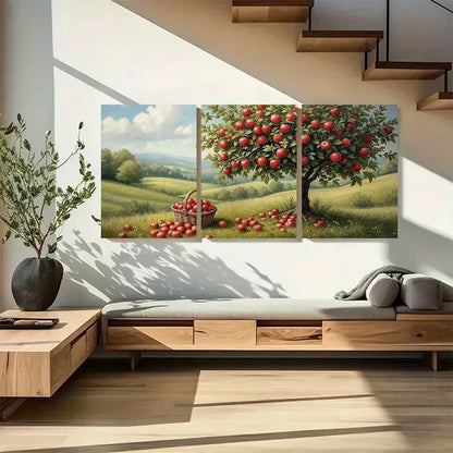 3pcs Vibrant Red Apples Basket & Tree Landscape Metal Print Ready to Hang Art