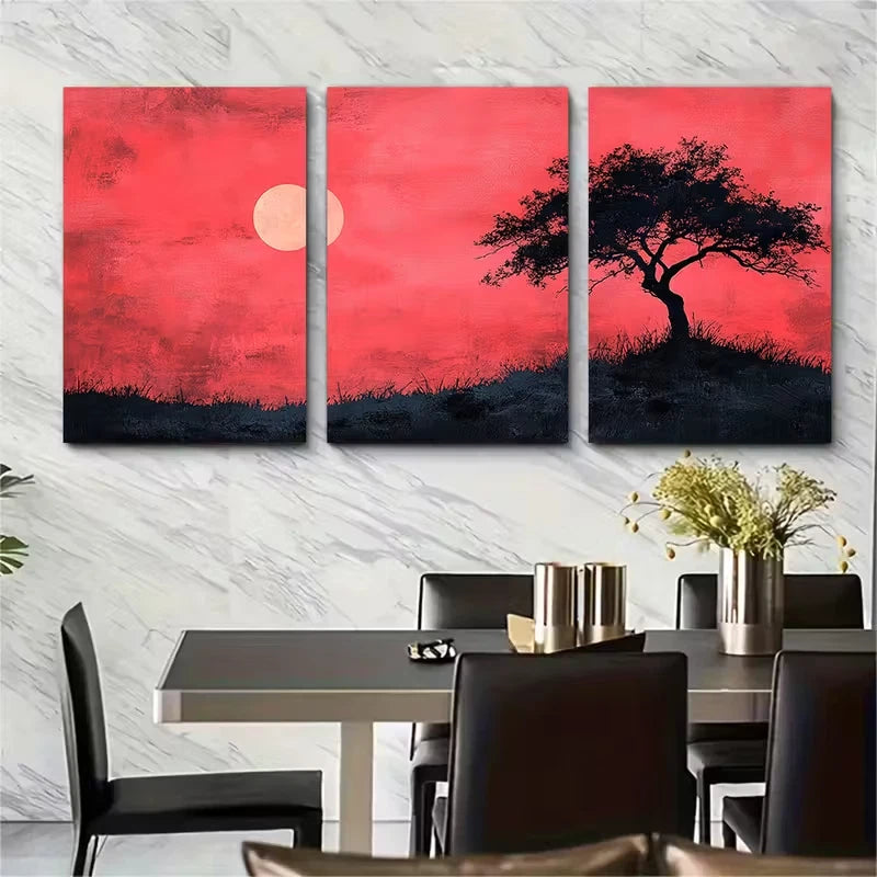 3pcs Abstract Pink Sky with Black Tree Silhouette Metal Print Ready to Hang Art - Bella Home Decor