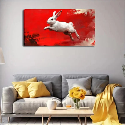 White Rabbit Dynamic Jump Red Wall Art Canvas Office Home Room Framed 120x60cm - Bella Home Decor