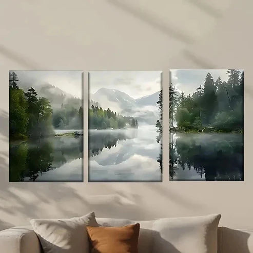3pcs Misty Lake with Trees and Mountains Wall Art Canvas Unframed - High Quality Print 100% Australian Made Wall Canvas