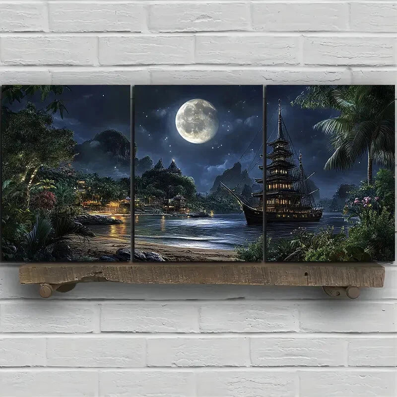 3pcs Ancient Pagoda Under The Moonlight Metal Print Ready to Hang Art - Bella Home Decor