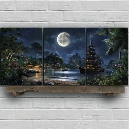 3pcs Ancient Pagoda Under The Moonlight Metal Print Ready to Hang Art - Bella Home Decor
