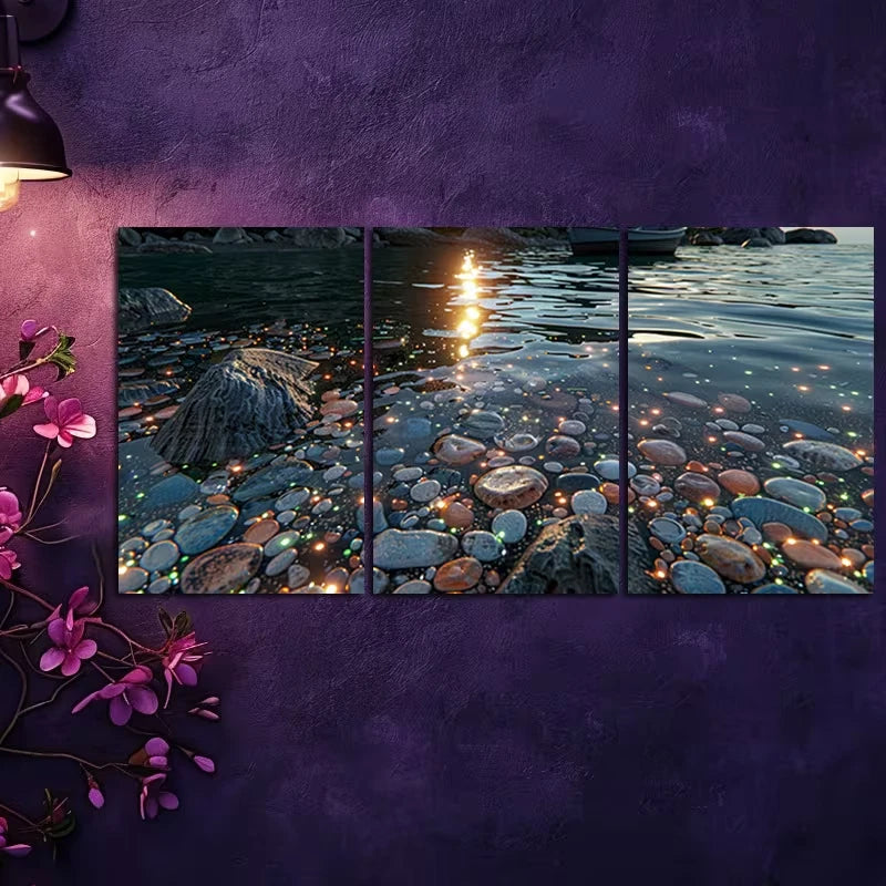 3pcs Pale Blue Beach Scene with Glowing Stones Wall Art Set Canvas Framed 60x90cm - High Quality Print 100% Australian Made Wall Canvas Ready to Hang