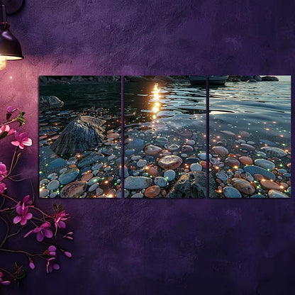 3pcs Pale Blue Beach Scene with Glowing Stones Wall Art Set Canvas Framed 60x90cm - High Quality Print 100% Australian Made Wall Canvas Ready to Hang