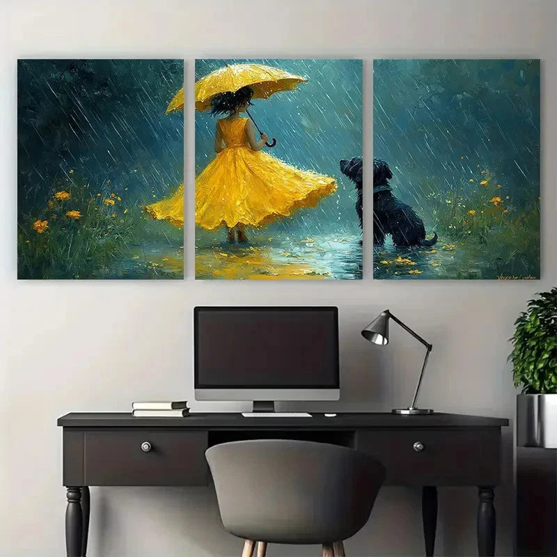 3pcs Whimsical Yellow Dress Girl and Dog in Rain Metal Print Ready to Hang Art - Bella Home Decor