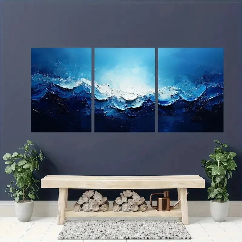 3pcs Blue and White Acrylic Abstract Painting Metal Print Ready to Hang Art - Bella Home Decor