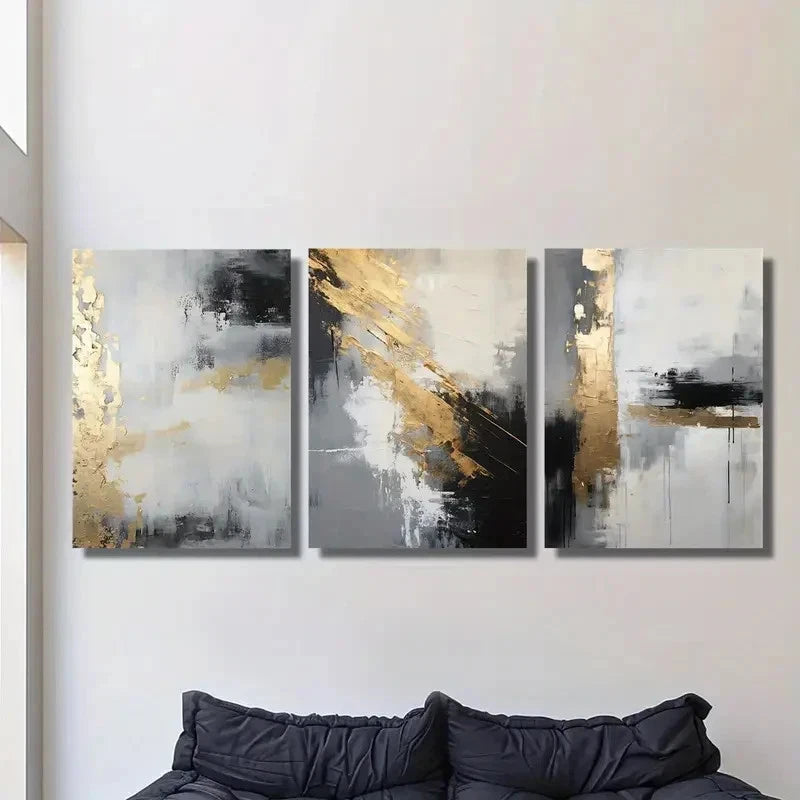3pcs Golden Black Abstract Art Prints Metal Print Ready to Hang Art - Bella Home Decor