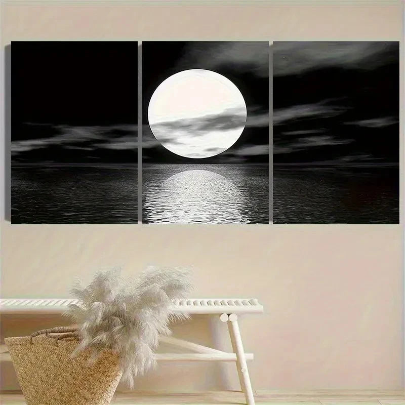 3pcs Moon Over Calm Waters Wall Art Set Canvas Framed 40x60cm - High Quality Print 100% Australian Made Wall Canvas Ready to Hang - Bella Home Decor