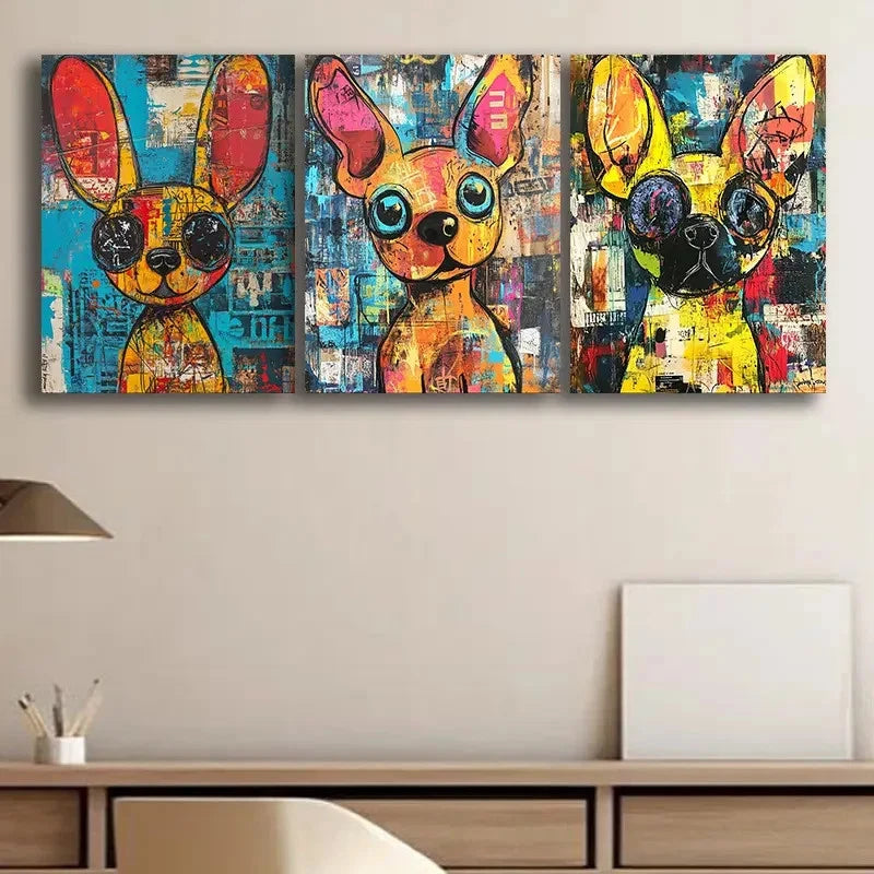 3pcs Colourful Basquiat Inspired Dog Metal Print Ready to Hang Art - Bella Home Decor