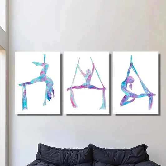 3pcs Aerial lady silk art silk yoga silhouette Metal Print Ready to Hang Art