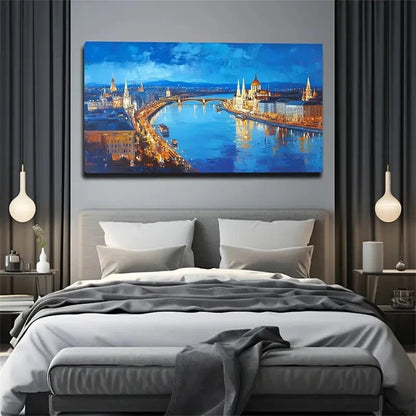 Vibrant Blue Sky And City River Wall Art Canvas Office Home Room Framed 120x60cm
