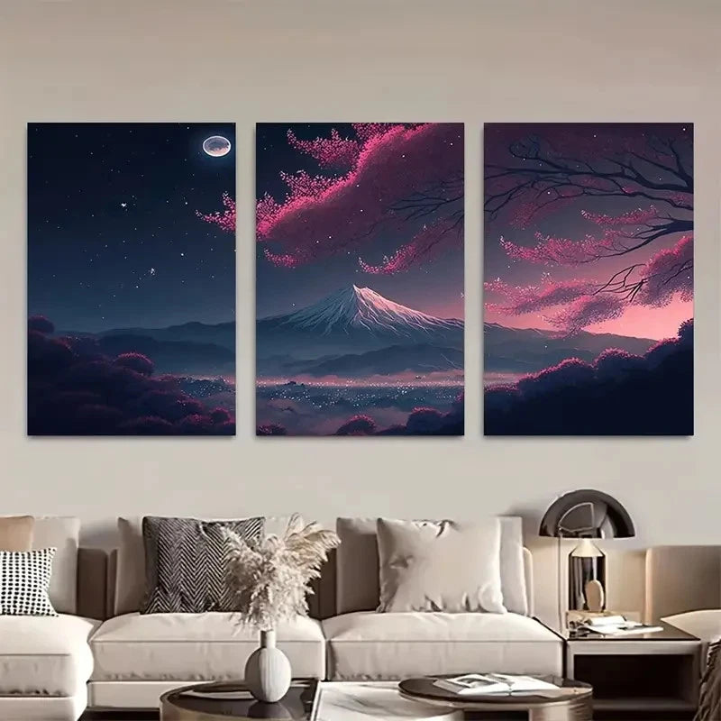 3pcs Japanese Mountain Cherry Blossom Wall Art Metal Print Ready to Hang Art