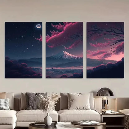 3pcs Japanese Mountain Cherry Blossom Wall Art Metal Print Ready to Hang Art