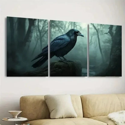 3pcs Elegant Blue Raven with Intricate Feather Wall Art Set Canvas Unframed - High Quality Print 100% Australian Made Wall Canvas