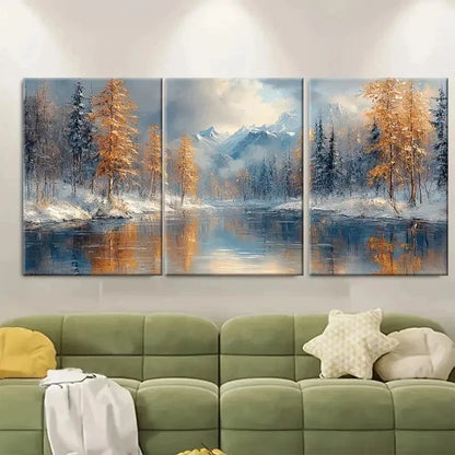 3pcs Winter River Oil Painting EK   Wall Art Set Canvas Framed 60x90cm - High Quality Print 100% Australian Made Wall Canvas Ready to Hang