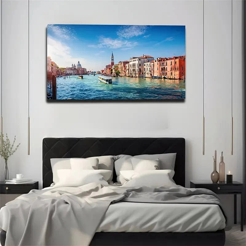 Vibrant Venetian Water Wall Art Canvas Office Home Room Framed 120x60cm