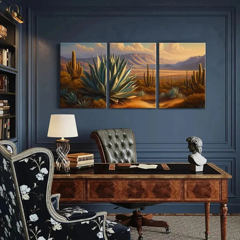 3pcs Vibrant Cactus & Mountain Sunset Scene Metal Print Ready to Hang Art - Bella Home Decor