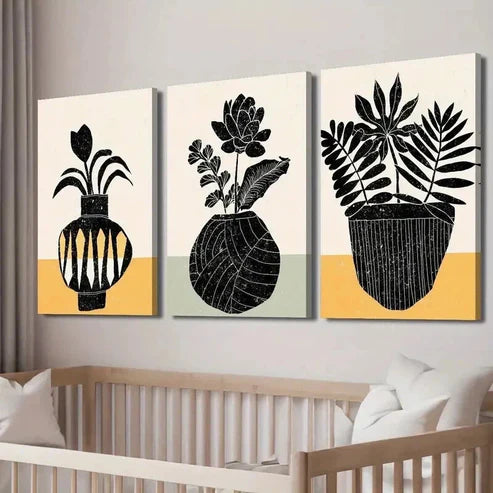 3pcs Black & White Plant Silhouette Floral Vase Wall Art Set Canvas Unframed - High Quality Print 100% Australian Made Wall Canvas - Bella Home Decor
