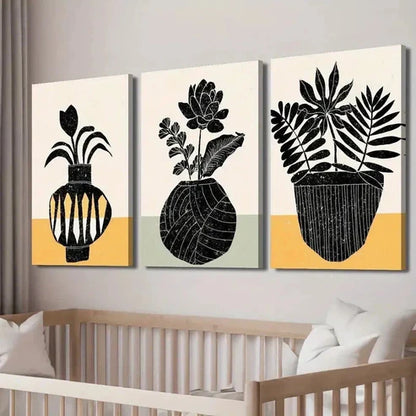 3pcs Black & White Plant Silhouette Floral Vase Wall Art Set Canvas Unframed - High Quality Print 100% Australian Made Wall Canvas - Bella Home Decor