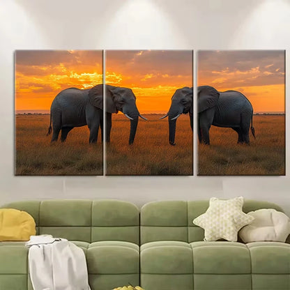 3pcs Majestic Elephant Sunset Metal Print Ready to Hang Art
