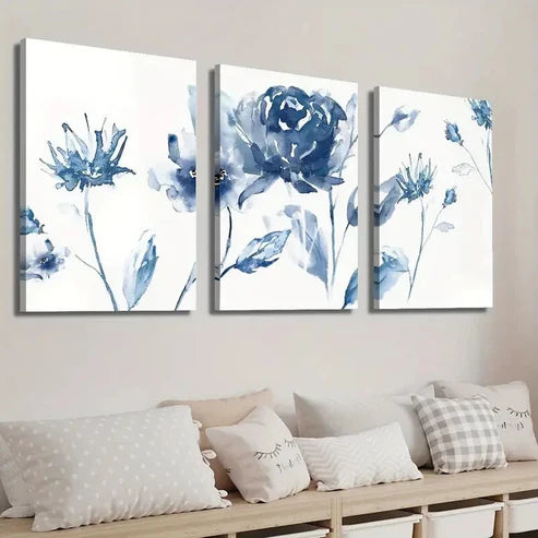 3pcs Elegant and Simple Blue Flowers Wall Art Set Canvas Unframed - High Quality Print 100% Australian Made Wall Canvas